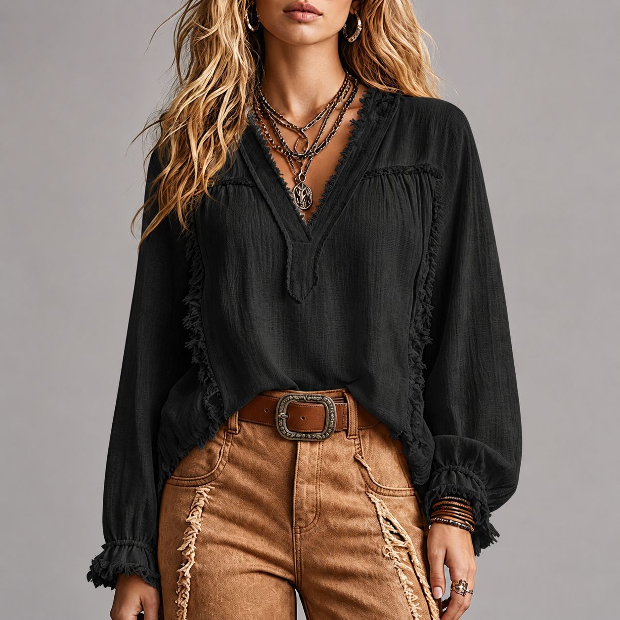 Chemise vintage en couleur solide pour femmes avec manches longues en collier Et des gâteaux
