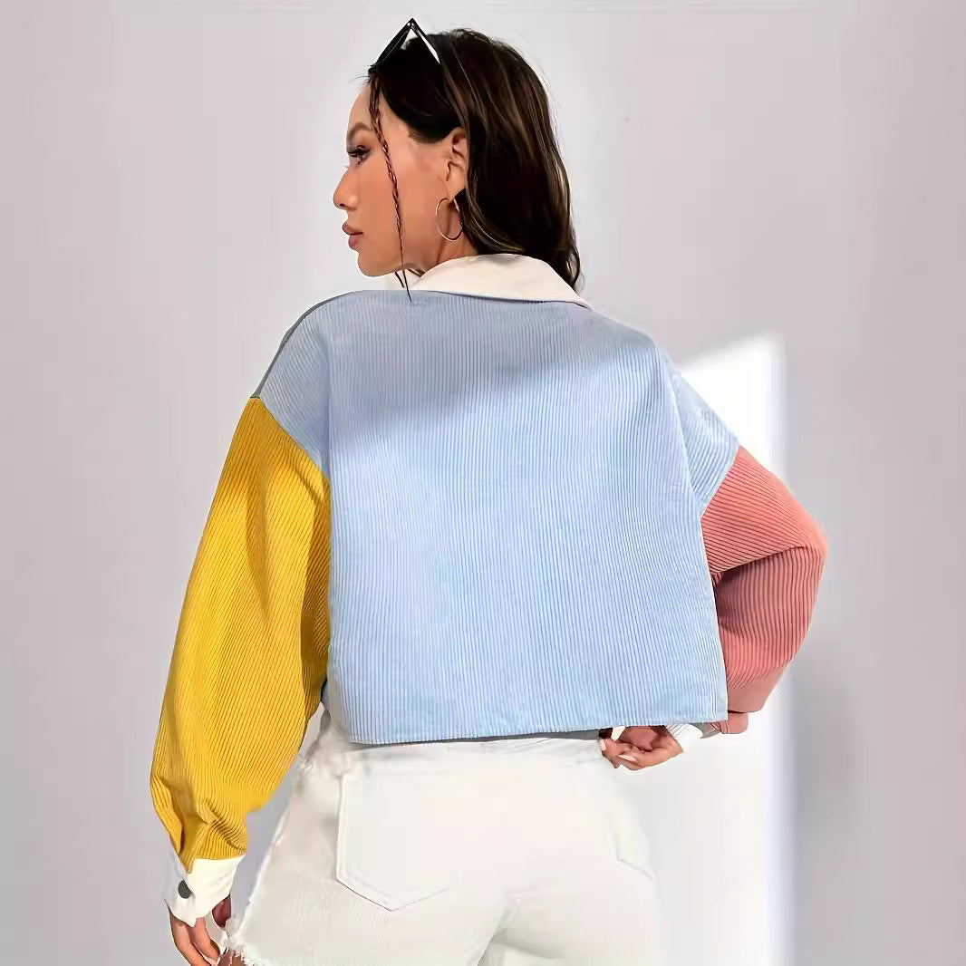 Corduroy Color-block Patchwork Lightweight Relaxed-fit Veste décontractée polyvalente