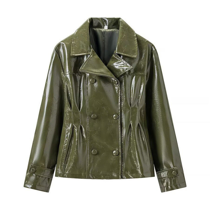 Brevet craqué Faux Cuir Double Breasted Short Blazer & High Waist Mini A-Line Jupe Tw