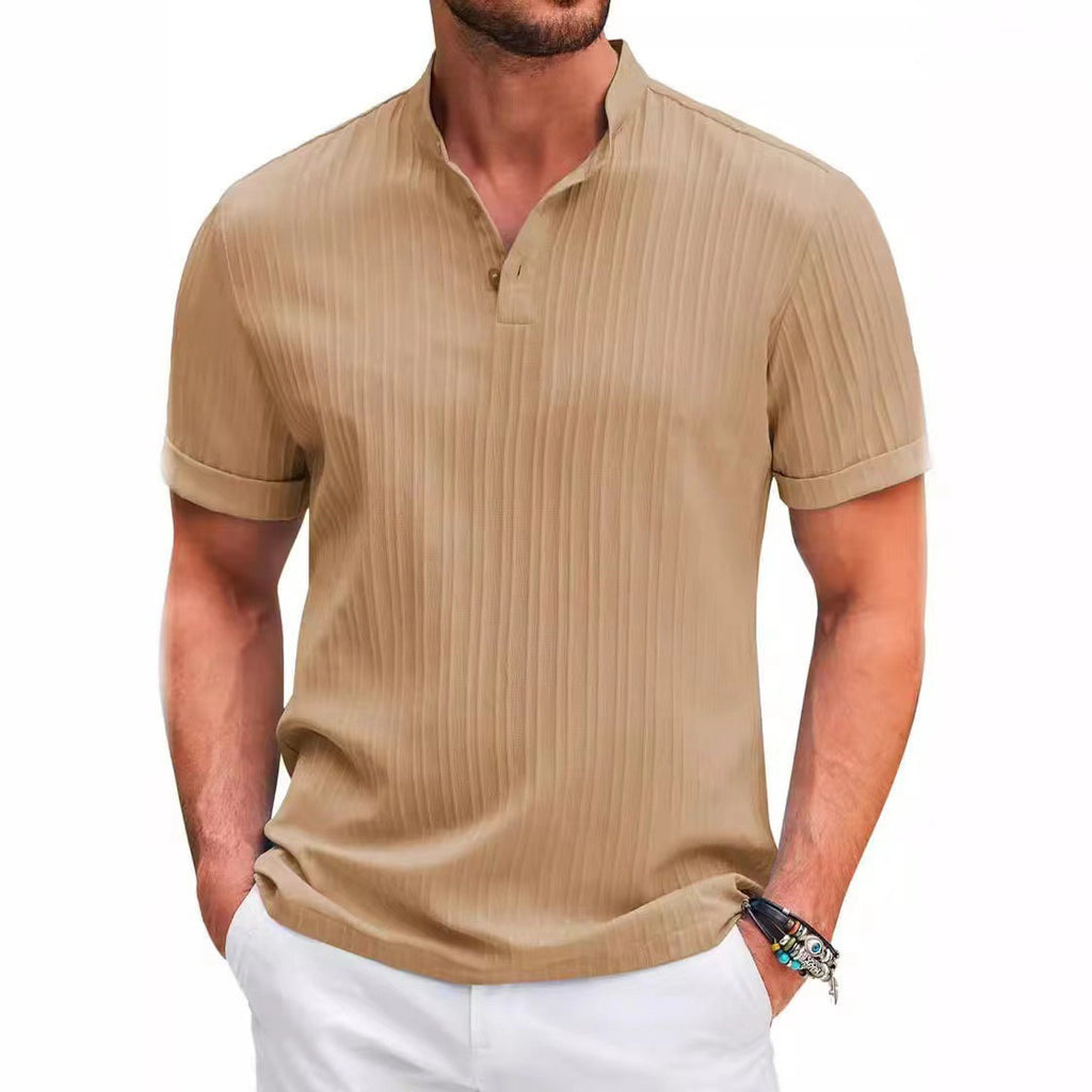 Homme Cotton-lin Jacquard Solide-couleur Casual Loose-fit Chemise manches courtes
