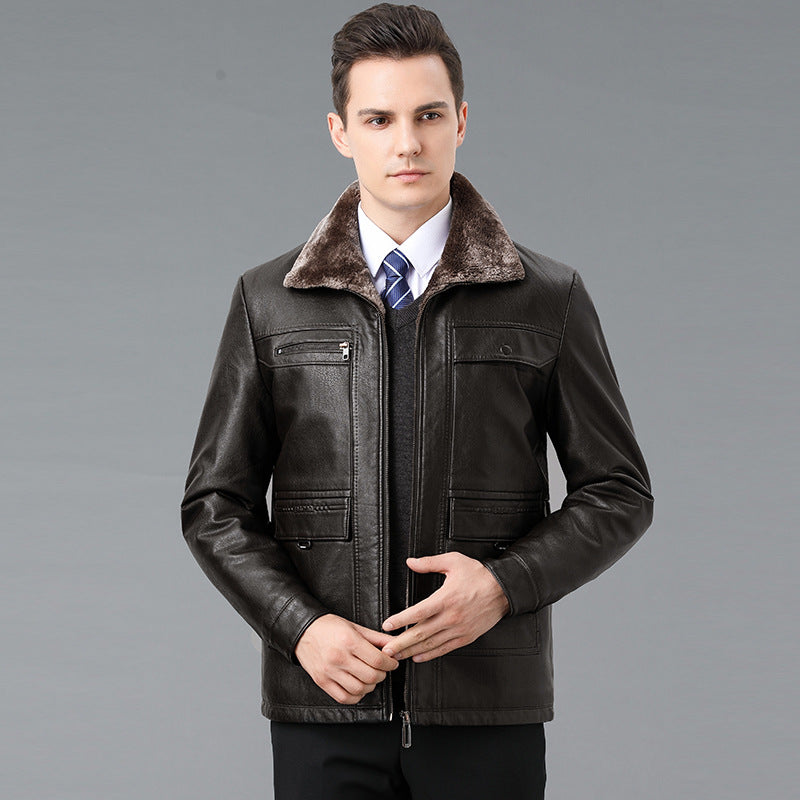 Véritable manteau en cuir et fourrure d'une seule pièce avec un lapel doublé de polaire pour plus de chaleur
