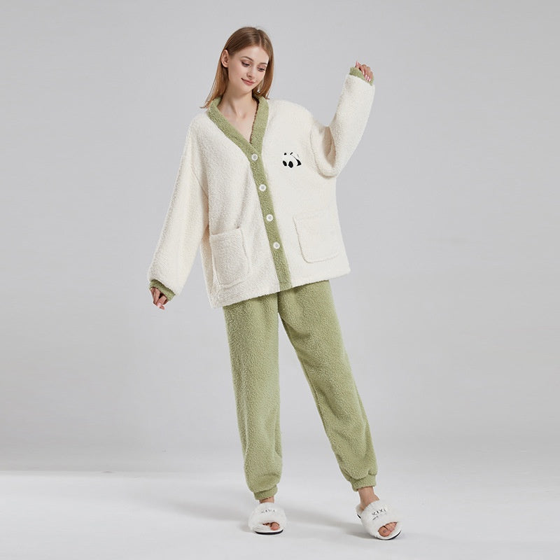 Couple Pyjamas Femmes Coral d'hiver polaire épais vêtements occasionnels demi velours bande dessinée