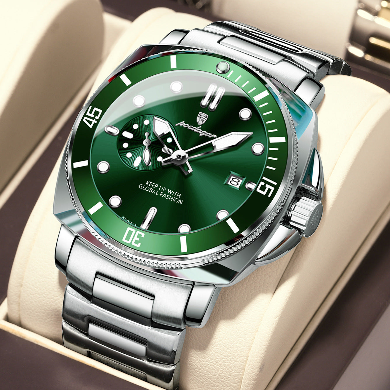 Homme Bande d'acier étanche Montre à quartz lumineux élégant