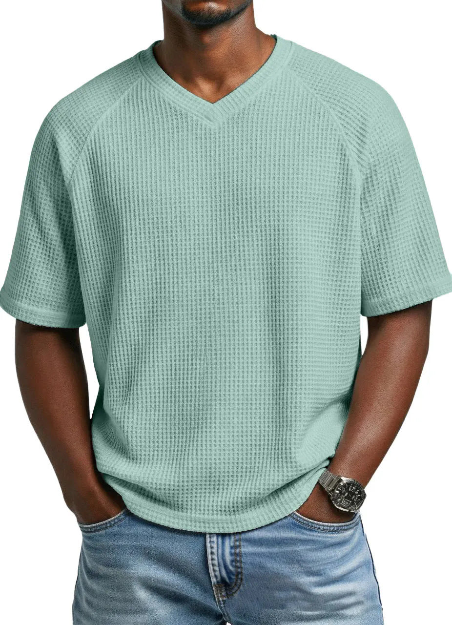 Hommes S Mode Waffle tricot côtelé manches V cou manches courtes T-shirt pour le transport quotidien