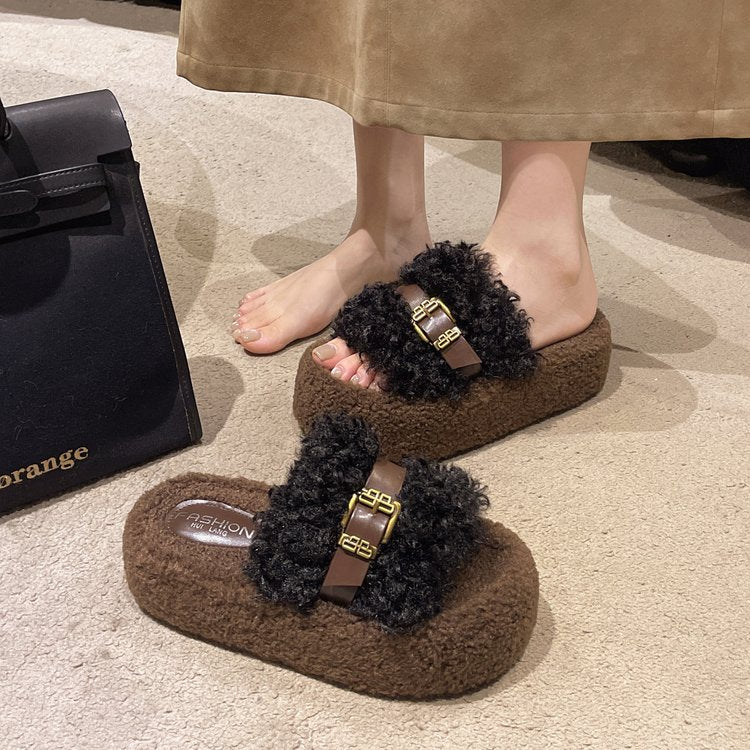 Pantoufles en fourrure Curly Platform pour femmes