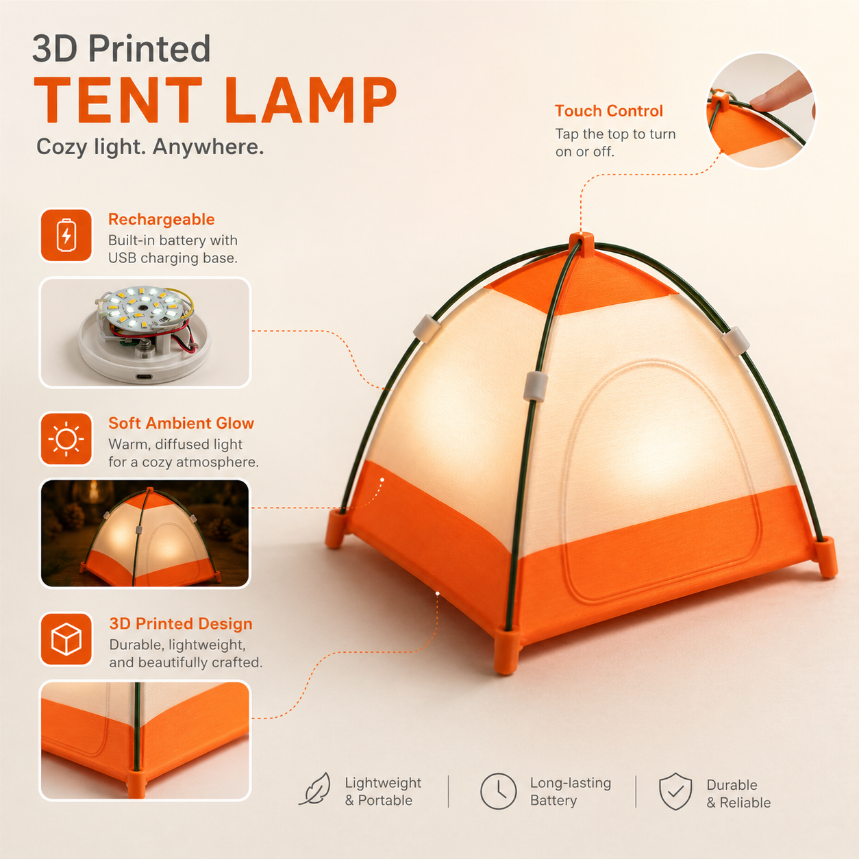 Tente imprimée 3D en forme de lumière de nuit 3 Modes lumineux Touch Control Bedside Lamp
