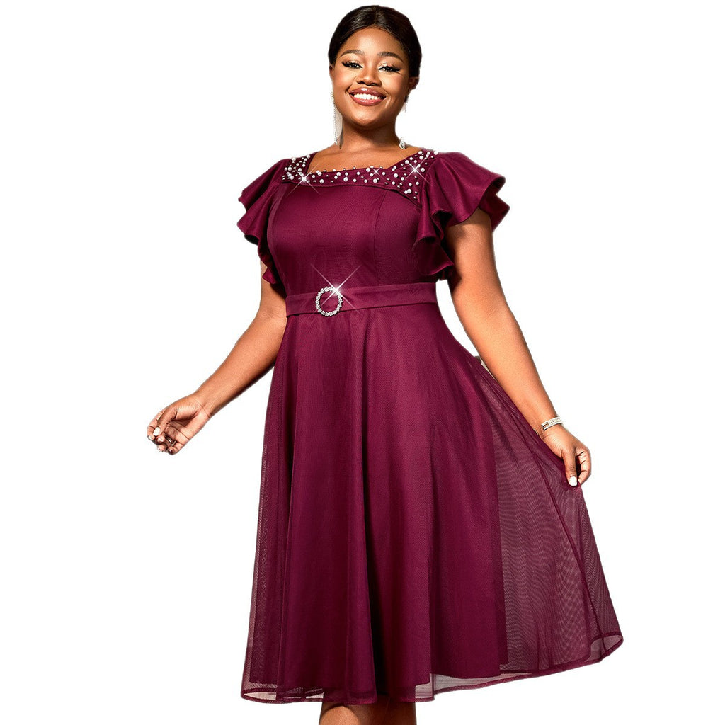 Été Mesh Papillon Manches Ruffes Soirée Mariage Invité Robe élégante