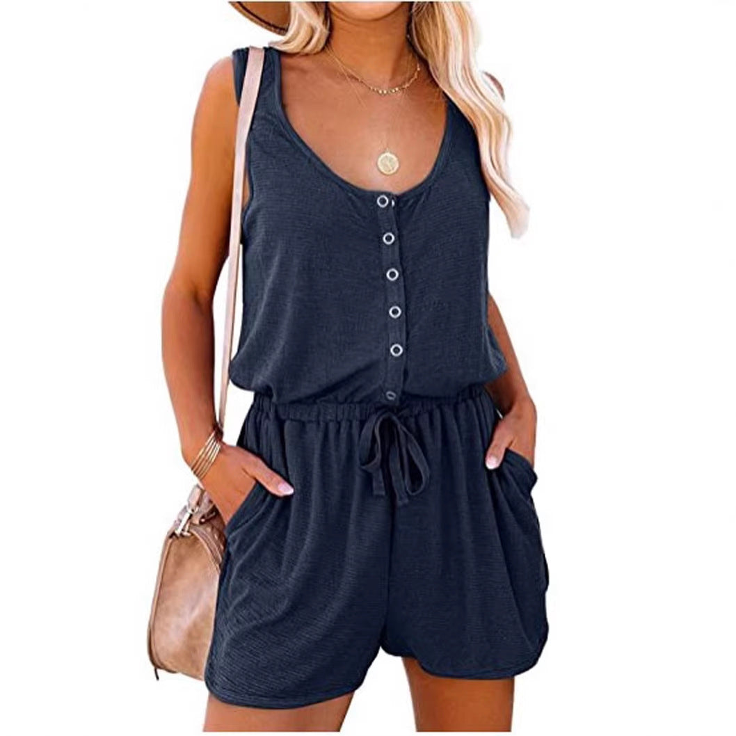 European And American Women's 2022 Summer Sleeveless Jumpsuit Tight Waist Lace-up Casual L