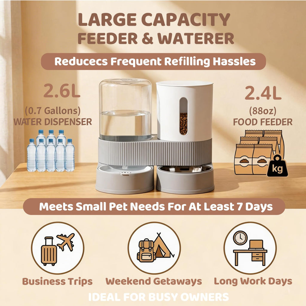 Gravity Cat Feeder 2 Pack Automatic Food Feeder and Water Dispenser Set Detachable Pet Bow