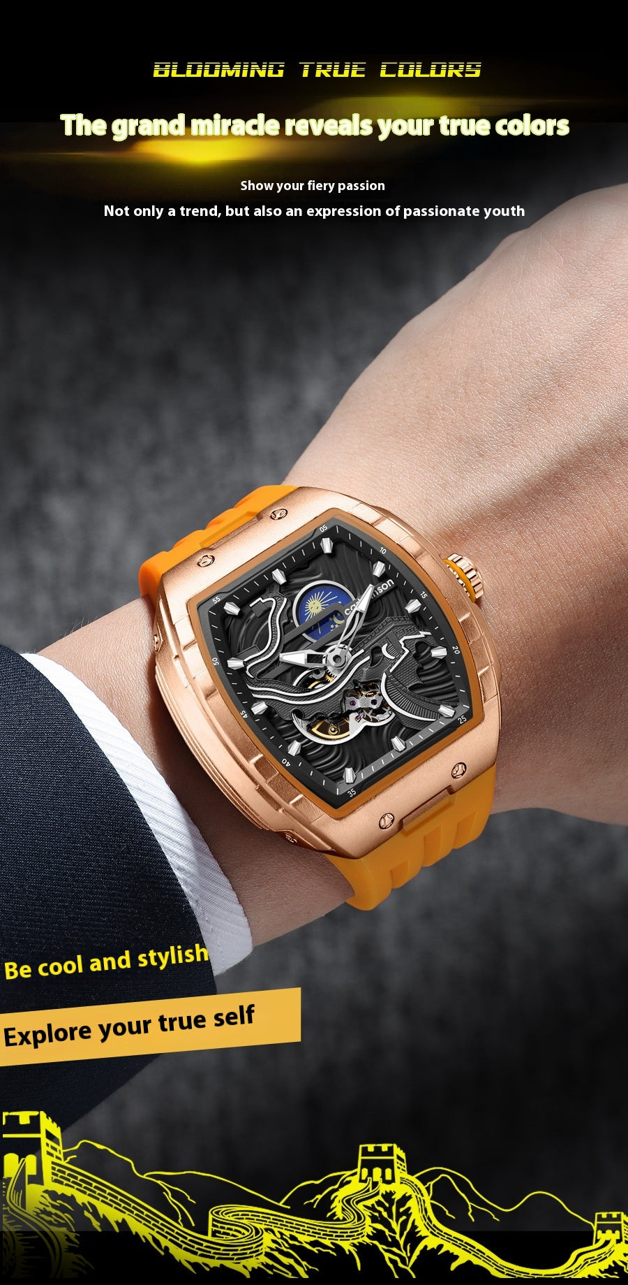 Montre automatique Hollow Homme Montre mécanique étanche lumineuse