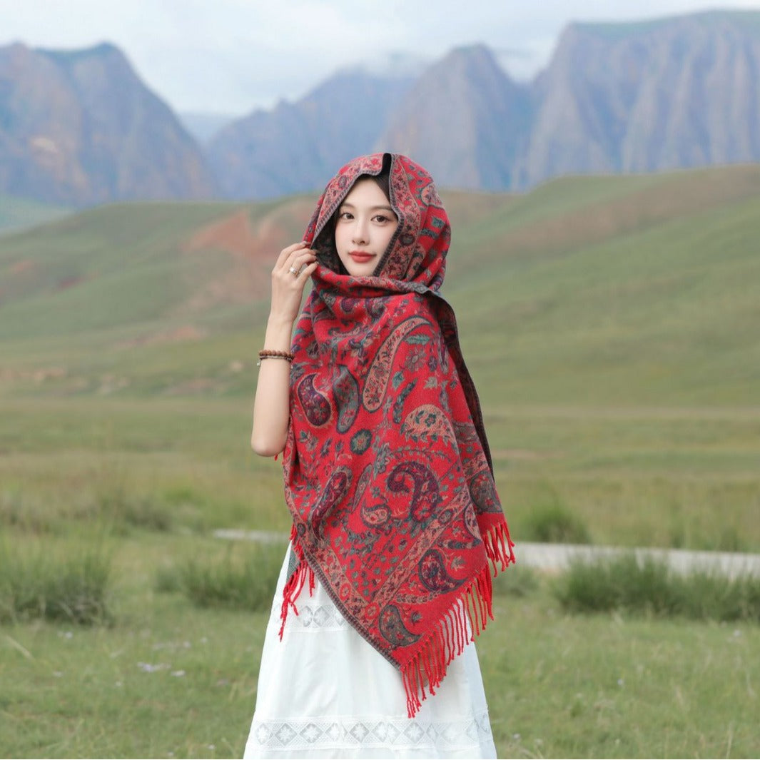 Vêtements de dessus de style ethnique Ankeila Red Faux-cashmere Climatiseur Châl Écharpe
