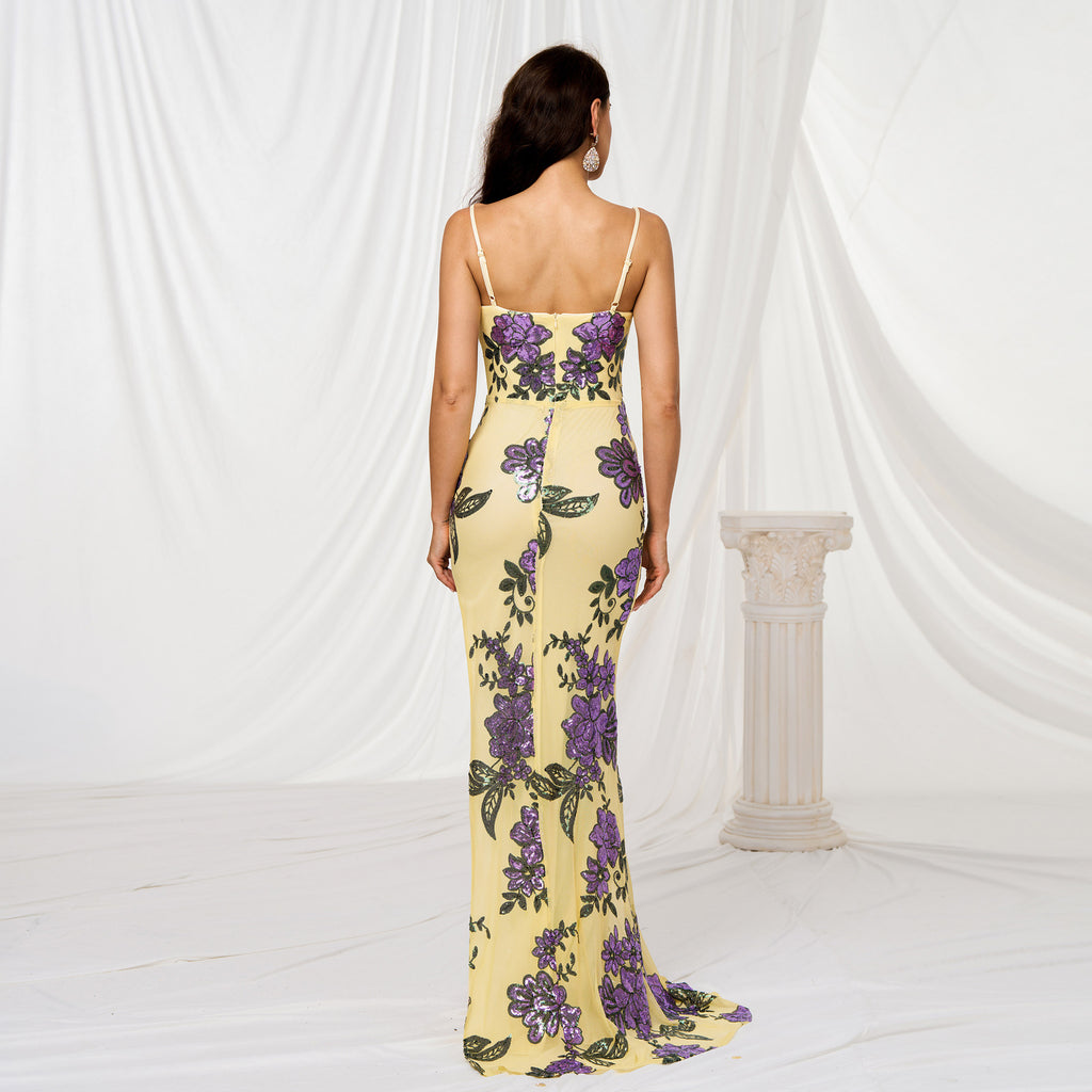 Robe de soirée à fente pailletée à gaine mince à col V