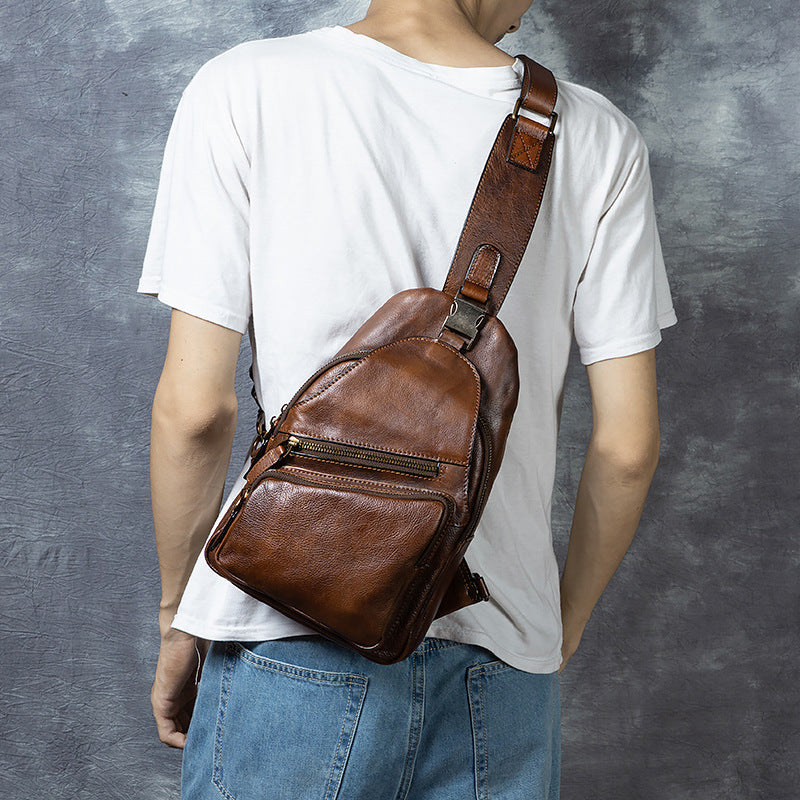 Corps transversal en cuir véritable retro à la main de poitrine homme grande capacité sac de messager