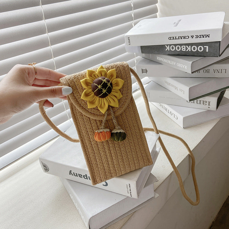 Été Cotton Rope Woven Phone Bag avec le design floral mono-épaule style