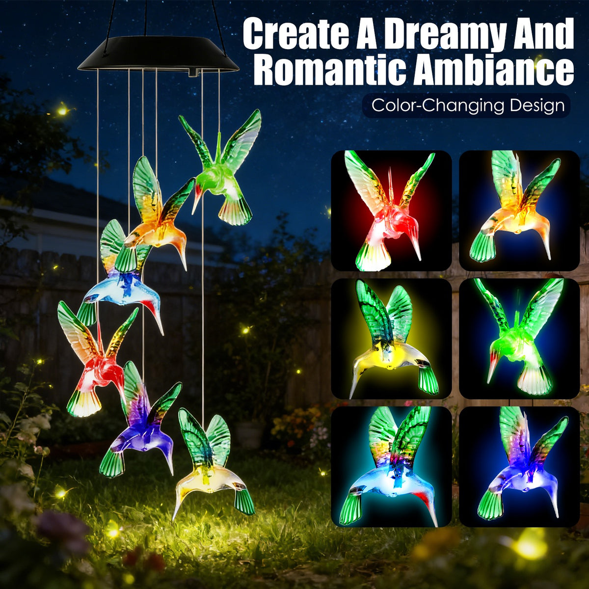2Pcs Solar Hummingbird Wind Chime 7-Color Changing Wind Chime for Outdoor IPX4 Waterproof
