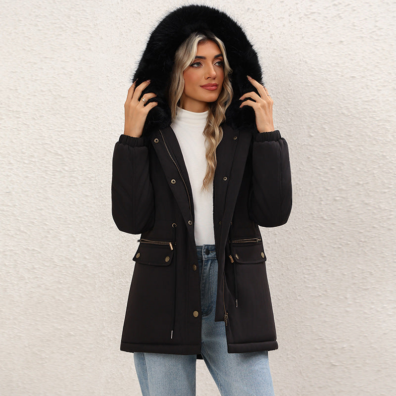 Veste rembourrée en coton à capuche mi-longueur pour femmes