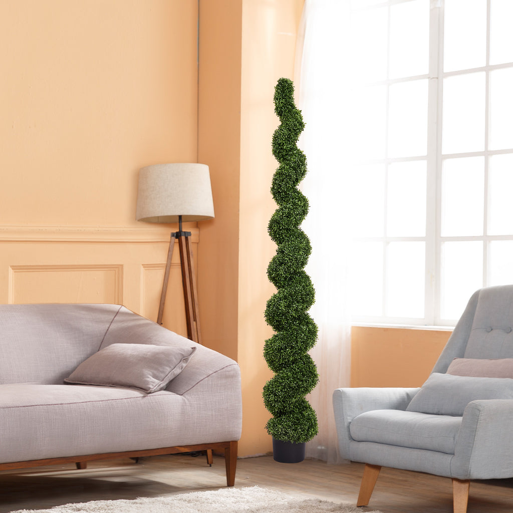 7FT Spiral Arbres topiaires artificiels à l'extérieur Faux Boxwood Plantes Grand Pot vert tordu