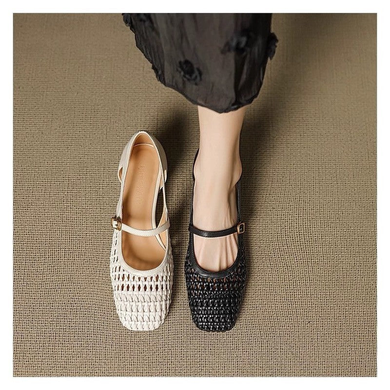 Carré Toe Woven Openwork Mary Jane Sandals Femmes Mid Heel Bracelet simple
