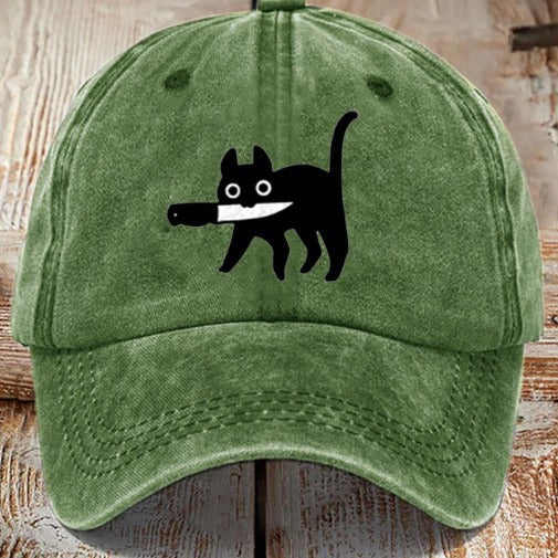 Chapeau en coton lavé imprimé chat avec une finition difficile