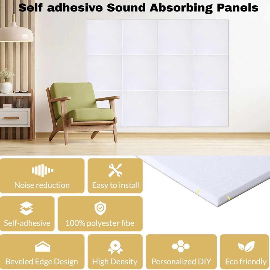 Panneaux muraux acoustiques Tuiles Studio d'isolation acoustique autocollante---Black-12PCS