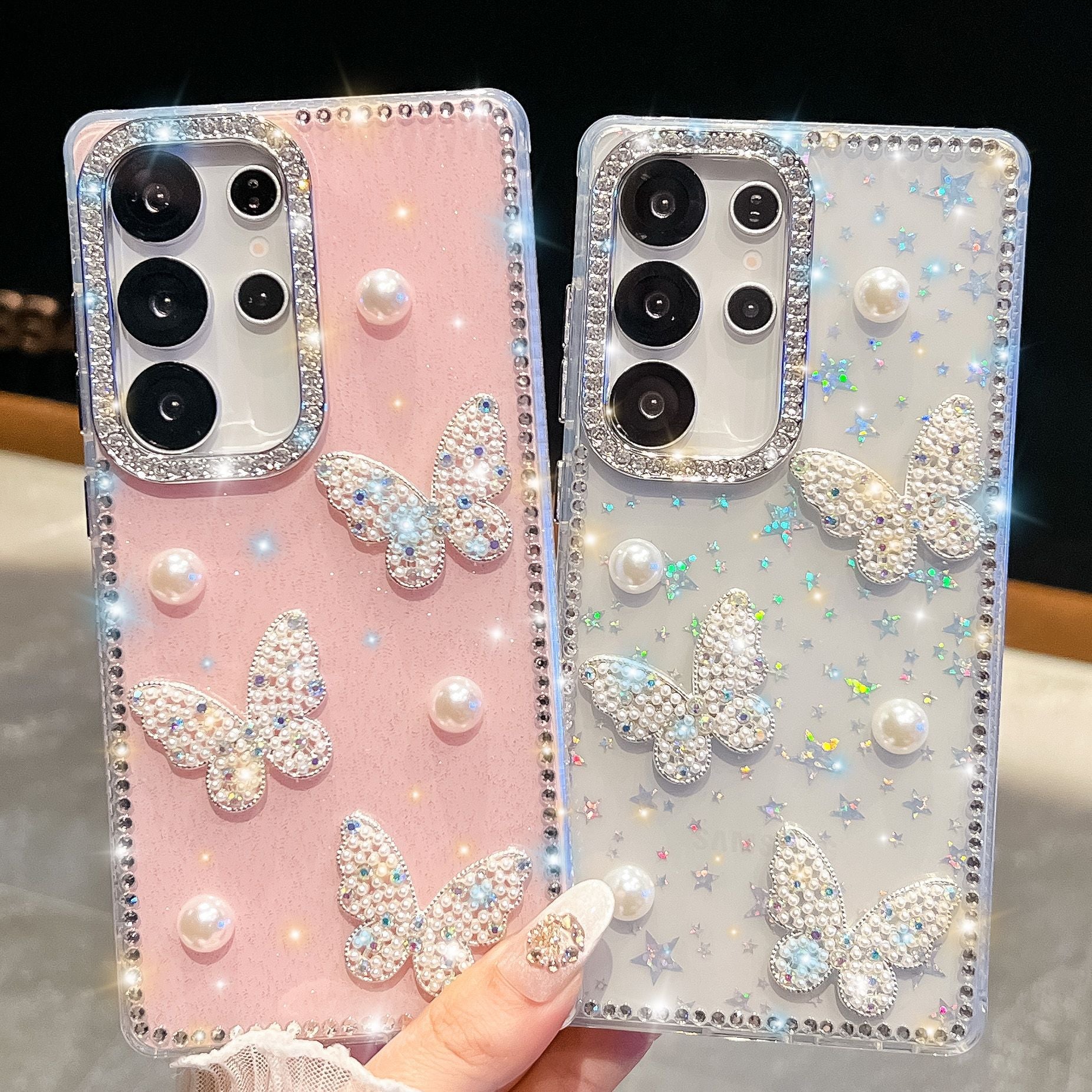 Glitter Powder Pearl Butterfly Style Coque téléphonique avec Strass