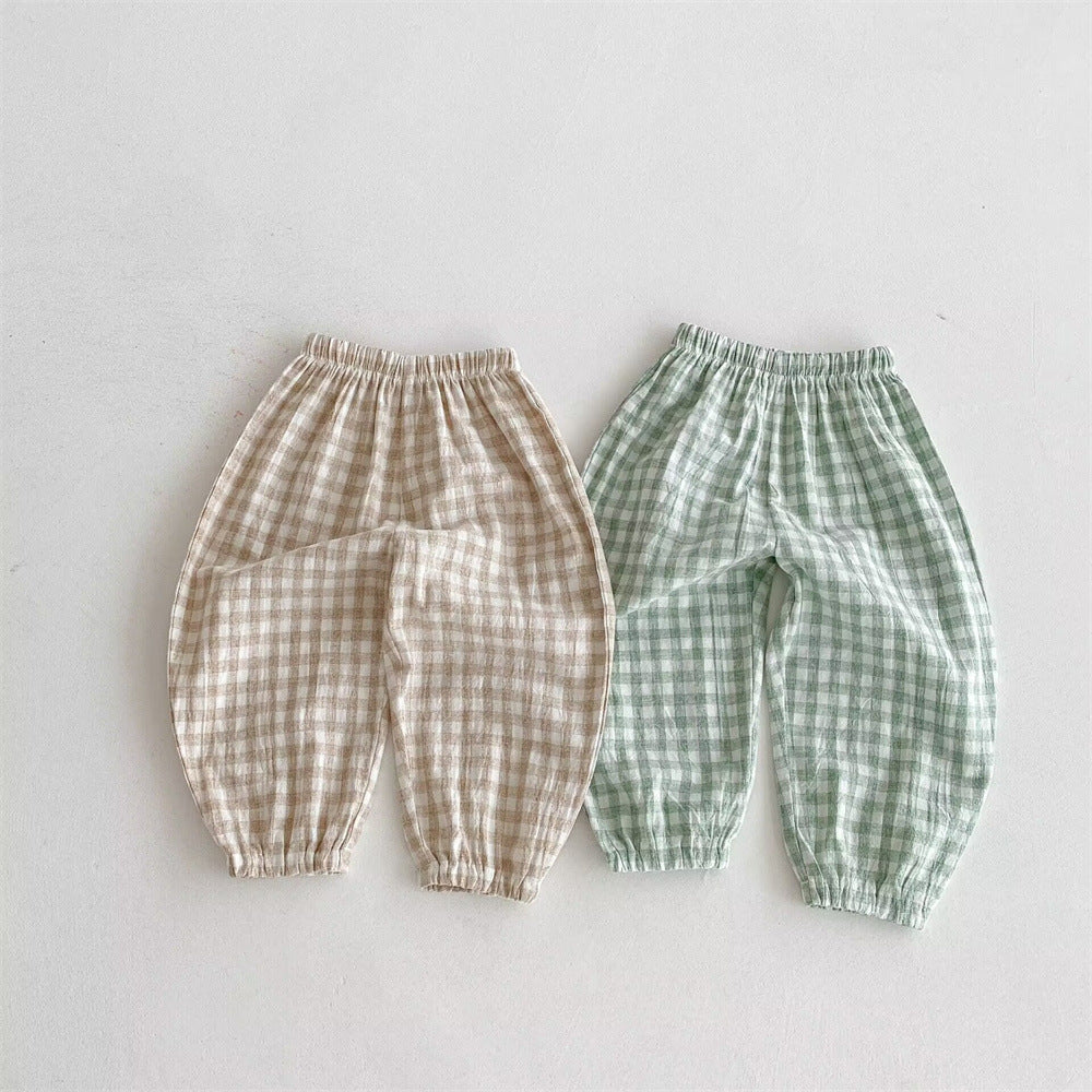 Danss Summer Pantalon de Plaid pour enfants Style mince de lin