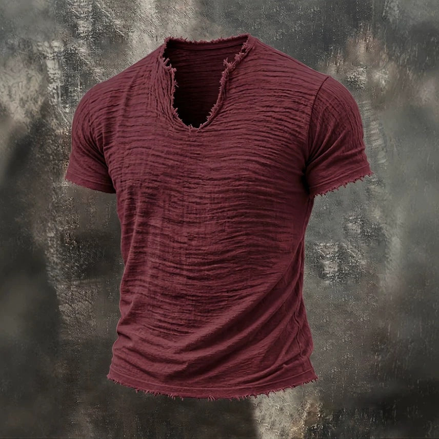 T-Shirt rétro doublé de coton avec l'ourlet en plumes et un manches courtes distinctive V-Neck