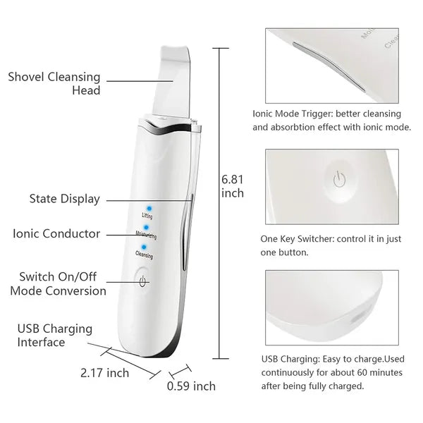 Spatule faciale 3-en-1 ultrasonique pour un nettoyage profond