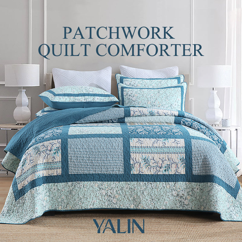 90x98 & 98x106 3 pièces Teal Blue Patchwork Comforter Set Paisley Floral Stripe Print