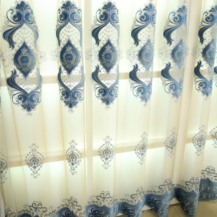 Embroidered Blue Chenille Curtains for Bedroom and Villa