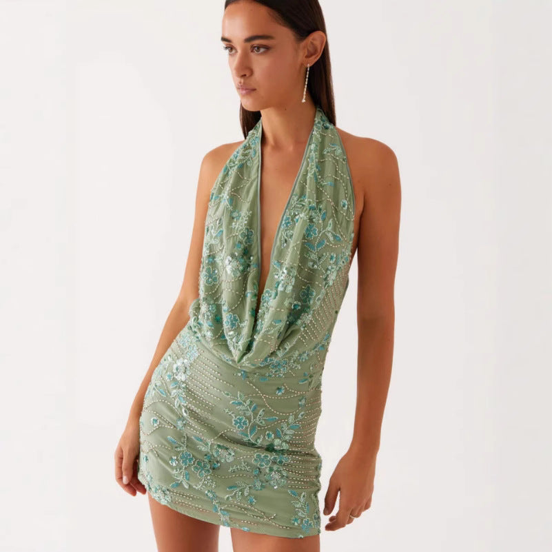 Women's Elegant Halter V-Neck Printed Dress