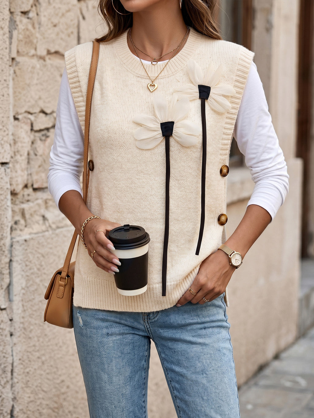 Automnehiver Femmes tricotées Veste de patchwork avec un collier rond et une couleur solide