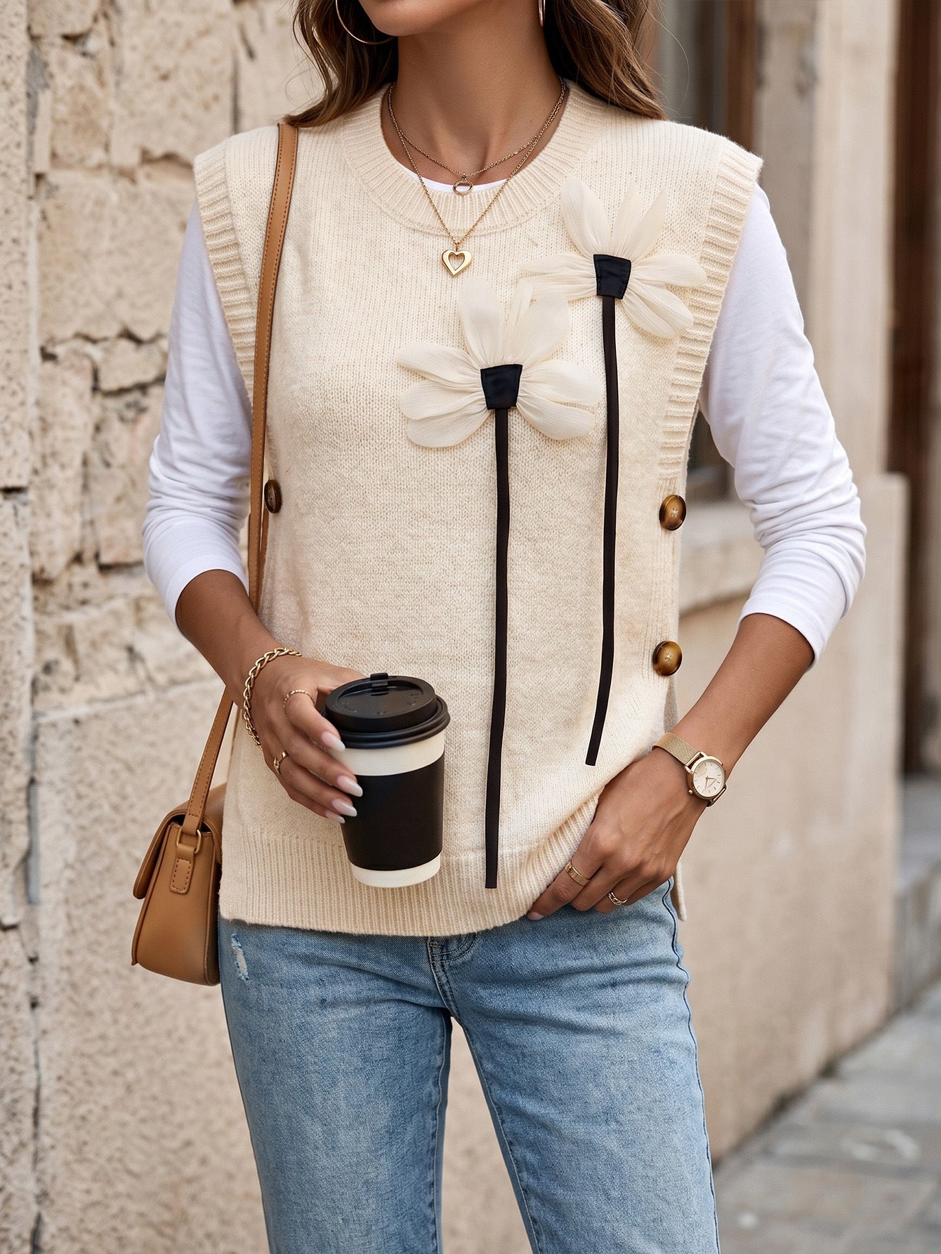 Automnehiver Femmes tricotées Veste de patchwork avec un collier rond et une couleur solide