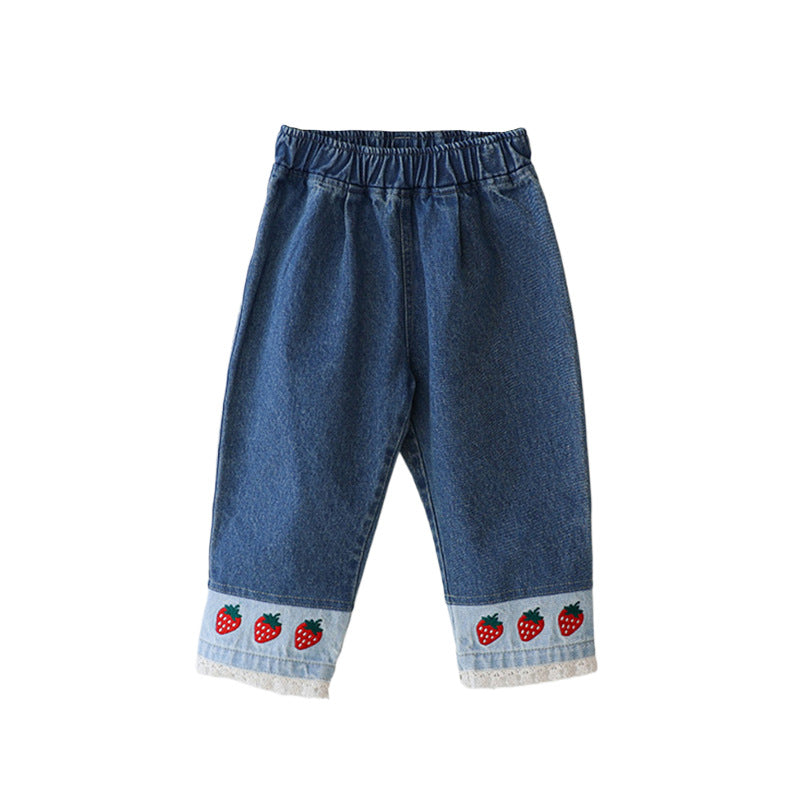 Patchwork en dentelle douce Brodé fraise Jeans occasionnels