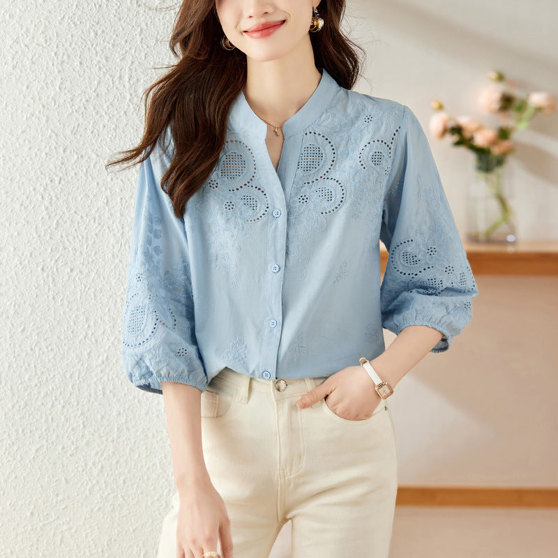 Blouse blanche à col V Manches à trois quarts Arrivée Coton pur