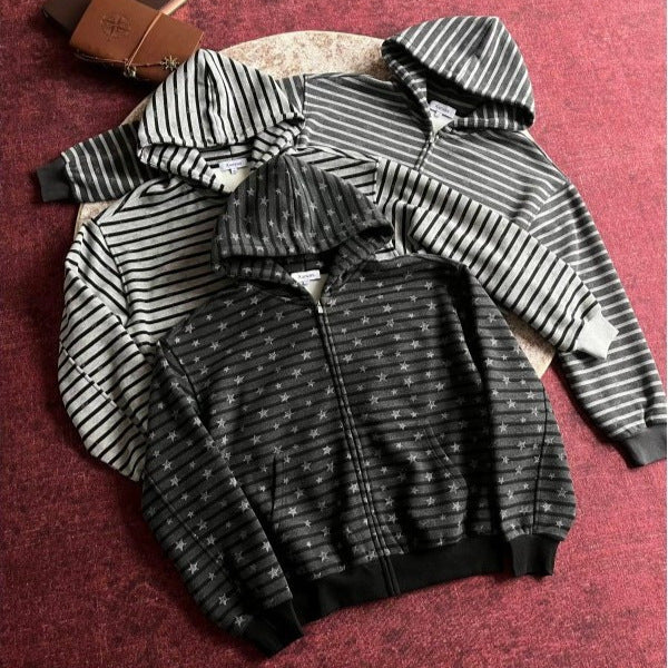 Style américain Vintage Étoile-imprimé rayé Cardigan Hoodie Hommes Veste
