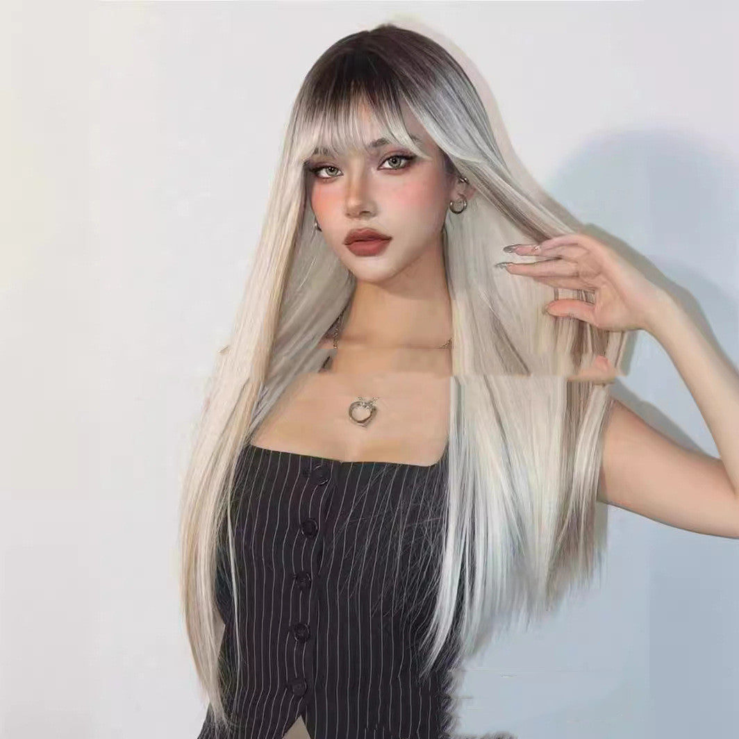 Tête teintes Bangs longs cheveux droits Perruques en fibre haute température