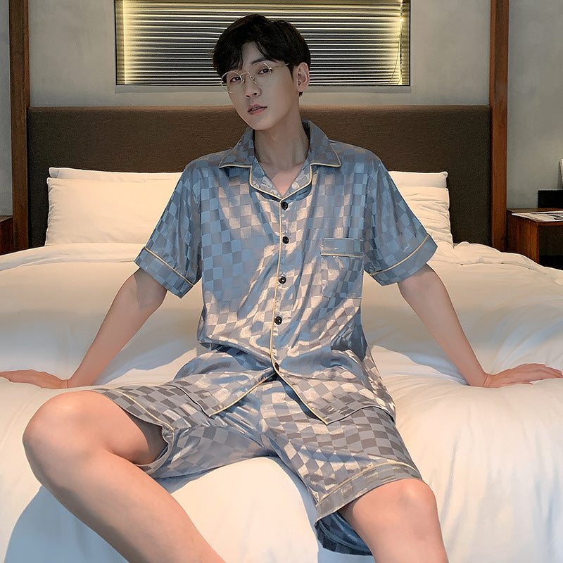 Pyjama pour homme Ice Ice Silk Thin Short Sleeve Plus Taille Loose Real Silk Jacquard Youth H