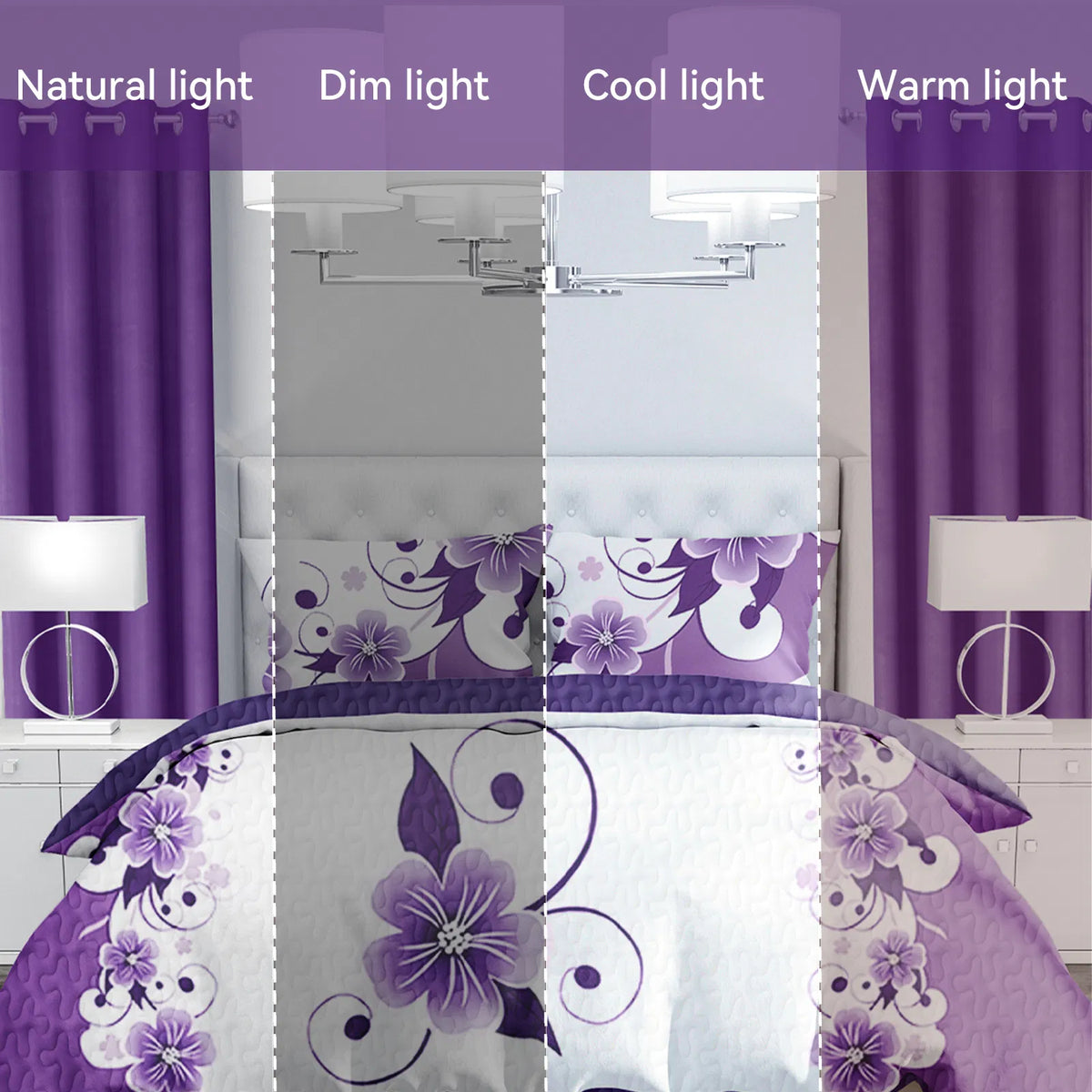 Ensemble de lit et de rideau floral pour 9 pieces (Queen/King/Cal King) - Lit en microfibre matelassé