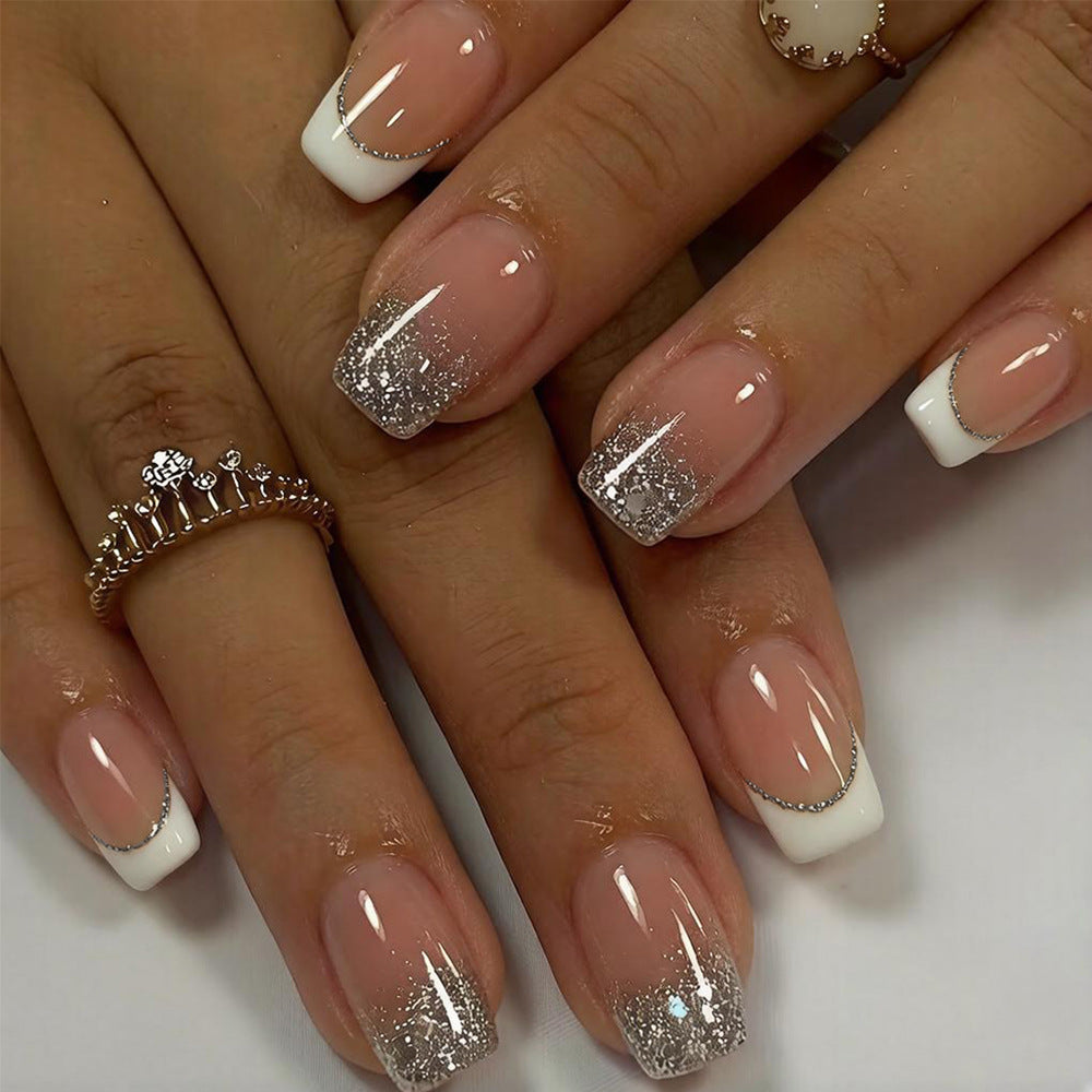 24-pièces Short Coffin-style White-edge French Pressing Nail Glitter Gradient Nail acrylique