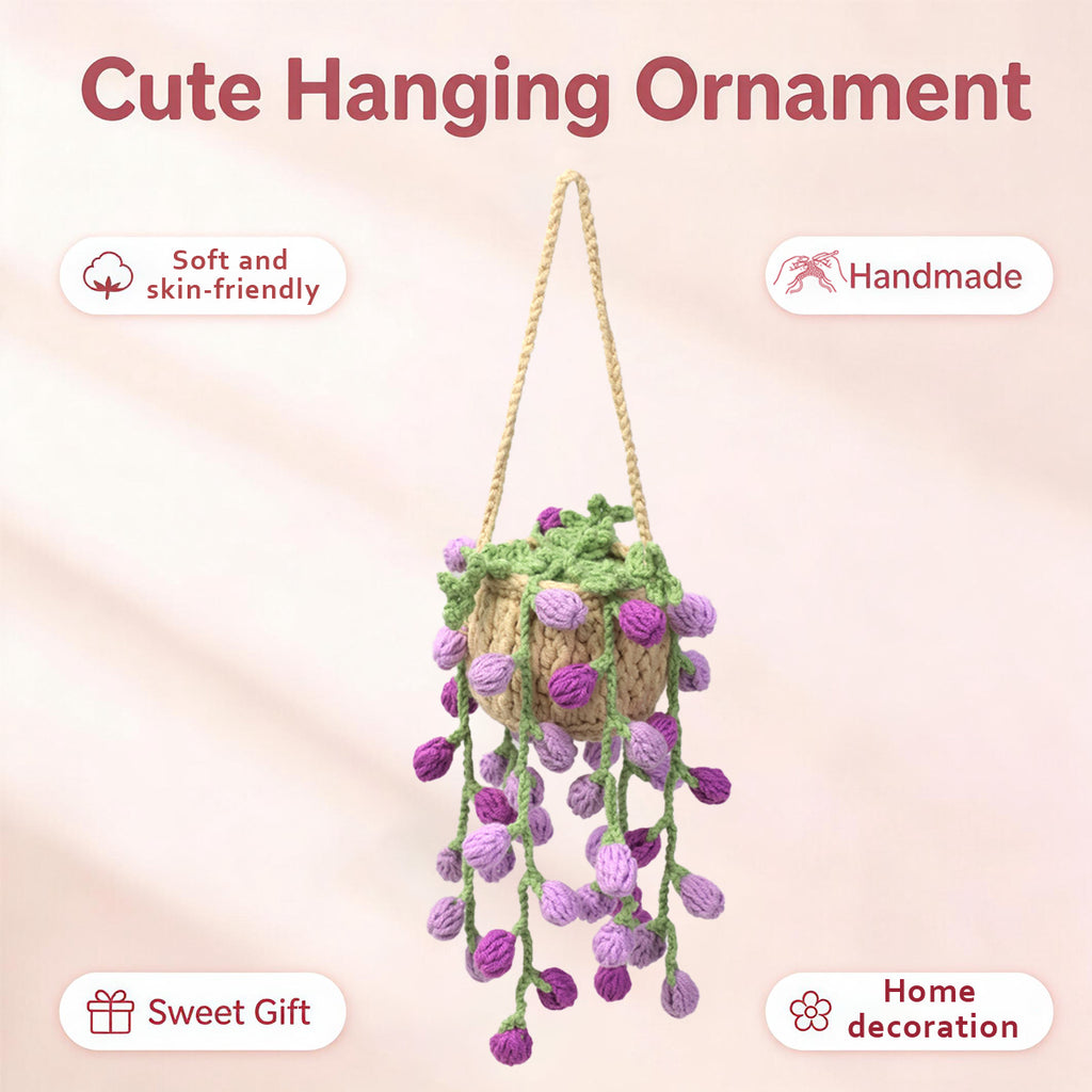 Crochet fait main suspendu Pot ornement avec trailing pourpre fleur Buds Everlasting Soft