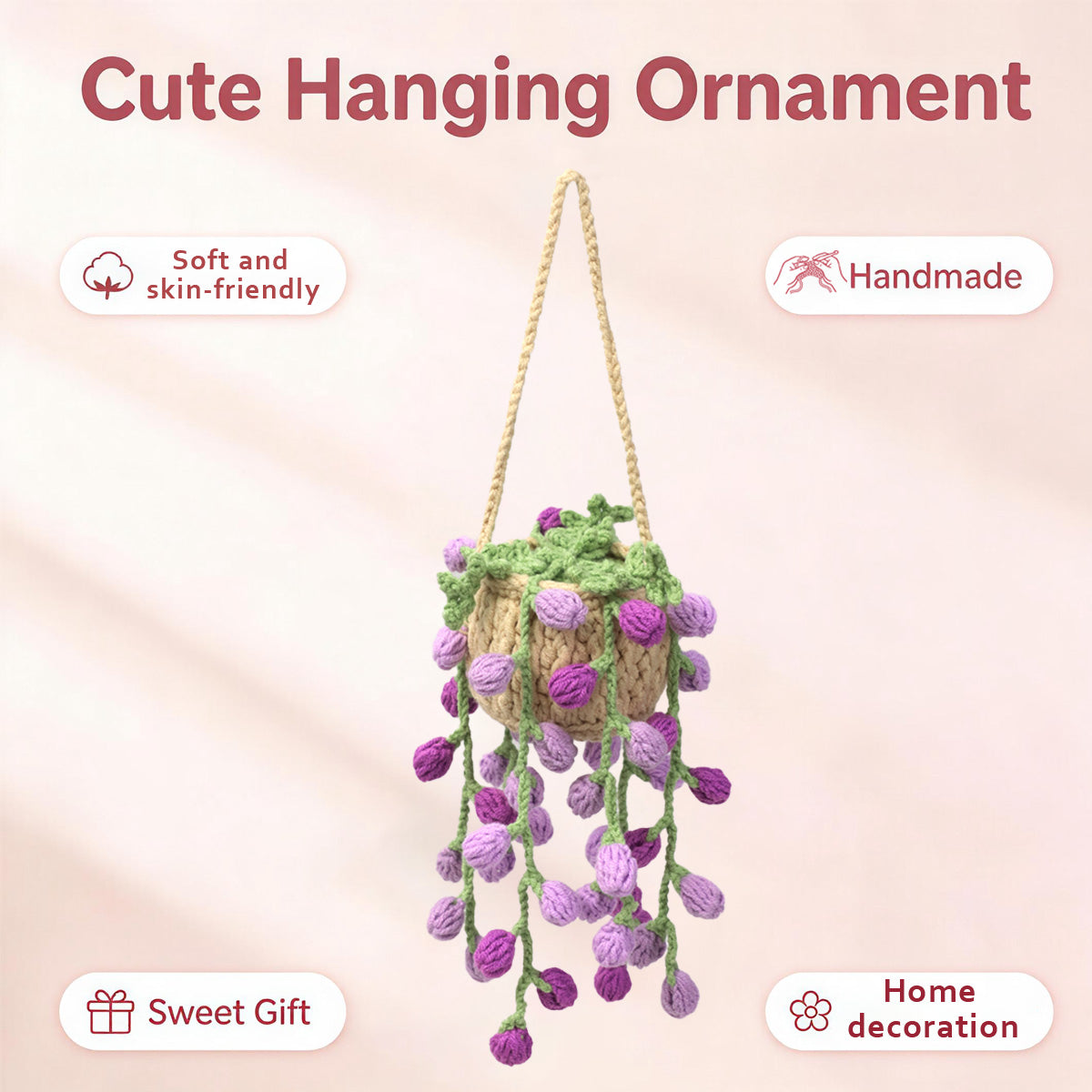 Crochet fait main suspendu Pot ornement avec trailing pourpre fleur Buds Everlasting Soft