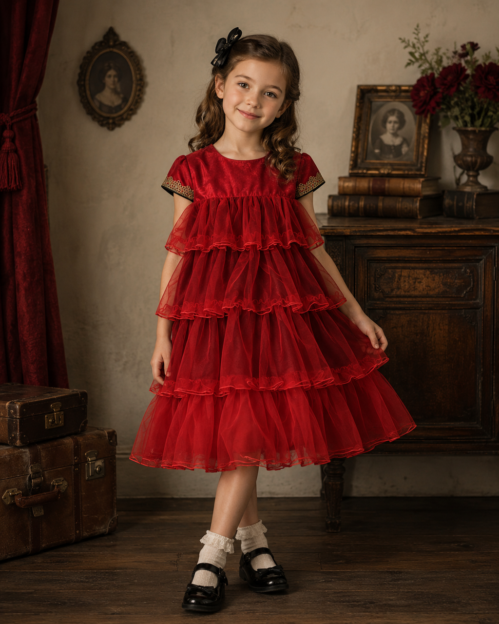 Filles Red Party Robe Tulle En couches Anniversaire Mariage Princesse Robe Age 6-10Y