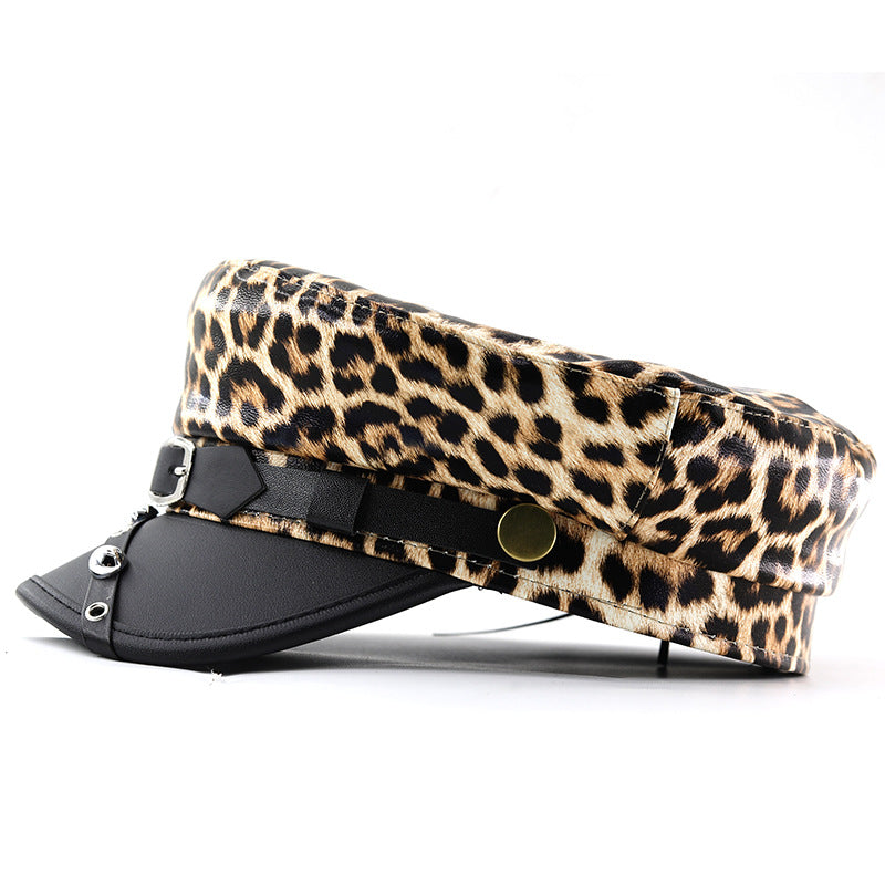 Lady Leopard-print PU Cuir Bold Stud Belt Design Beret avec Retro British Style Metal F