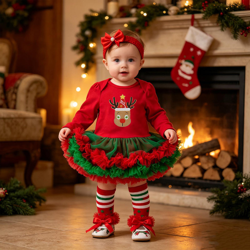 Bébé Noël à manches longues Robe de Romper rouge Tulle Une pièce Ensemble de quatre pièces