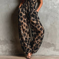 Retro Leopard Print Deep V-neck Tie-detail Strap Jumpsuit