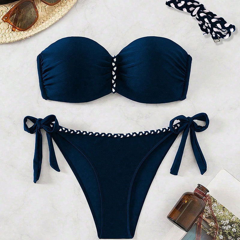 Strapless de couleur solide Sexy Chic Dentelle-up Bikini Beach Maillots de bain