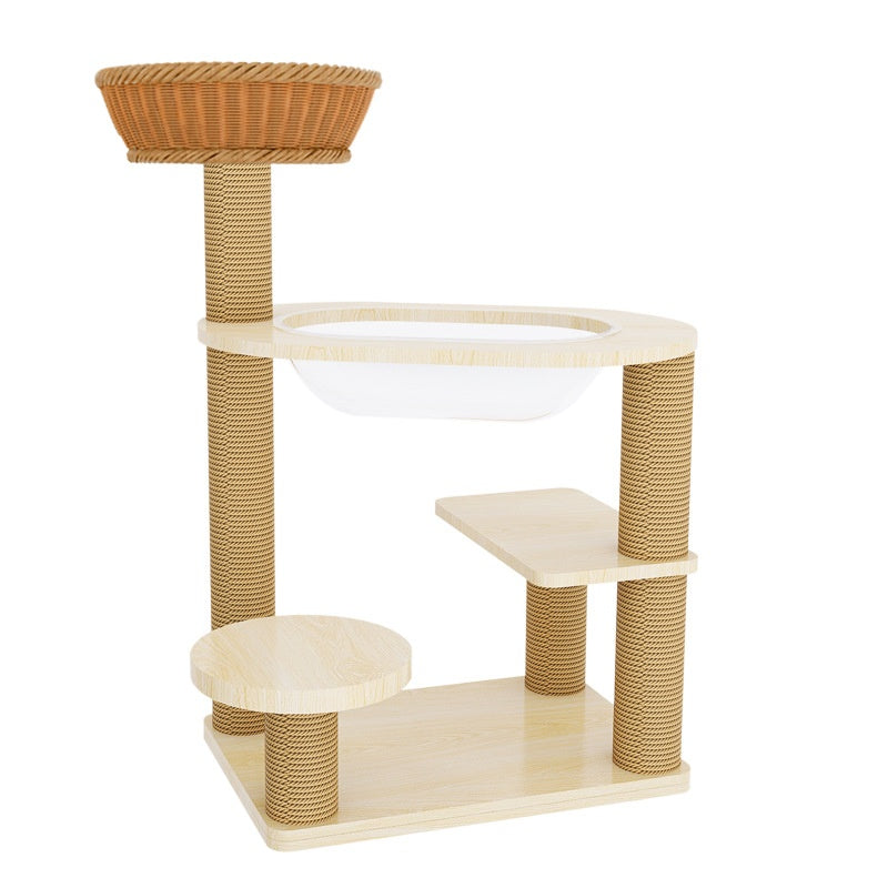 Arbre de chat en bois massif avec plates-formes multi-niveaux et lit de chat en rotin tissé