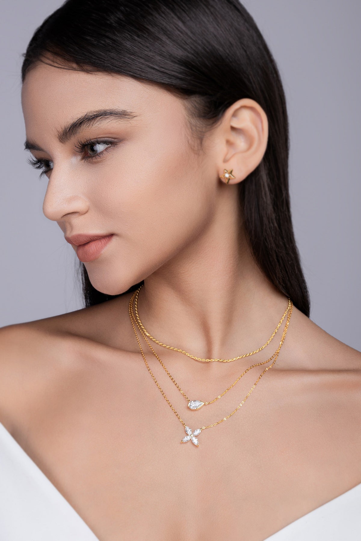S925 Argent Sterling 7x11mm Poire Moissanite 3-Layer Collier 40cm 10,8g plaqué or GRA Ce
