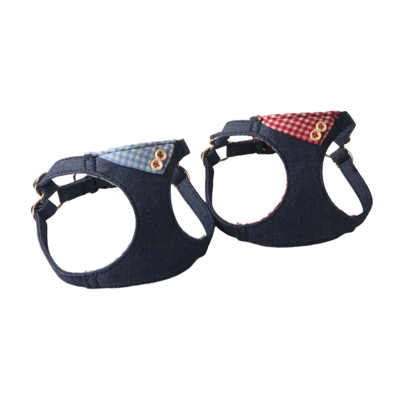 Patchwork de denim bleu foncé Plaid Pet Harness Set